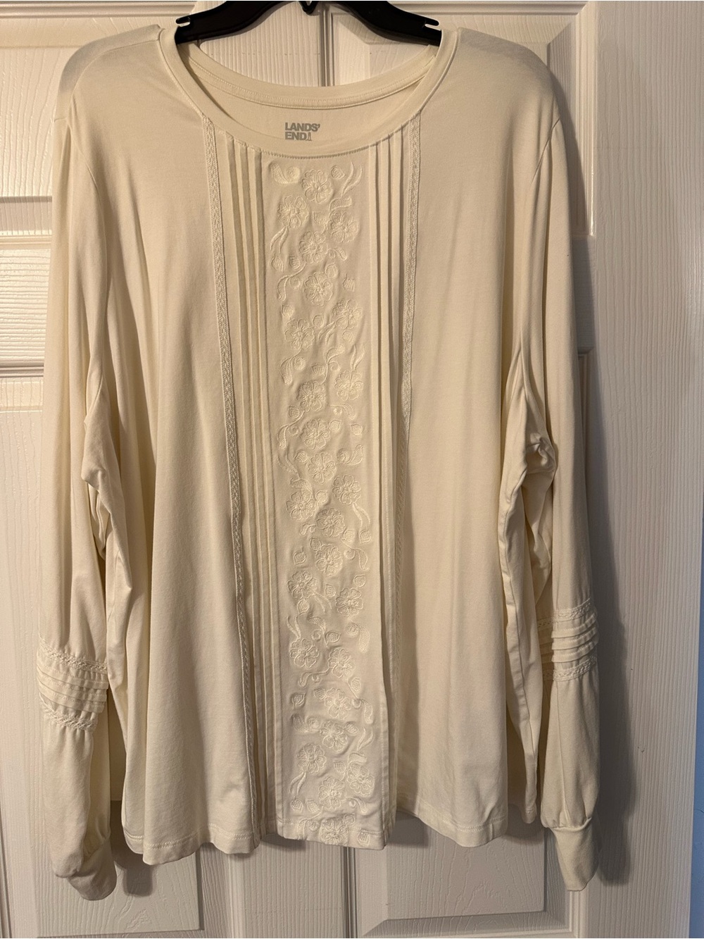 Lands' End crewneck Cream Tee with Embroidery and pintucks